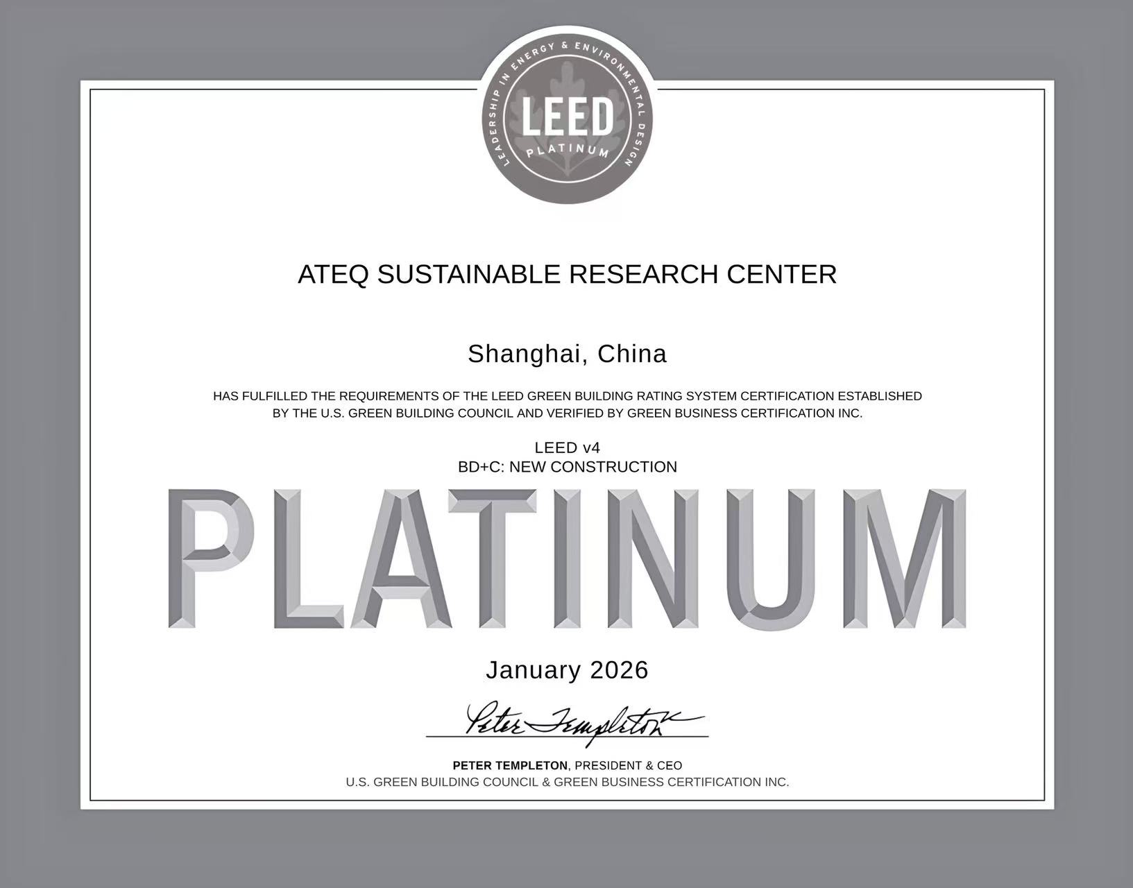 ATEQ Sustainable Research Center achieves LEED Platinum Certification